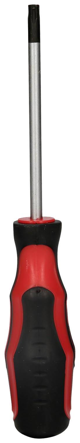 Ein roter und schwarzer Schraubendreher mit langem, schmalem Schaft, geeignet für Arbeiten an elektronischen Geräten.