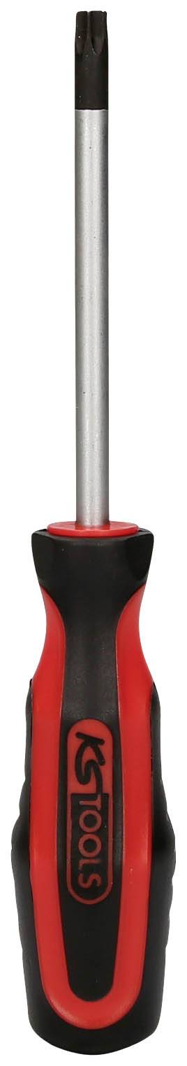 Roter und schwarzer Schraubendreher mit ergonomischem Griff und sternförmiger Spitze, geeignet für spezielle Schrauben.