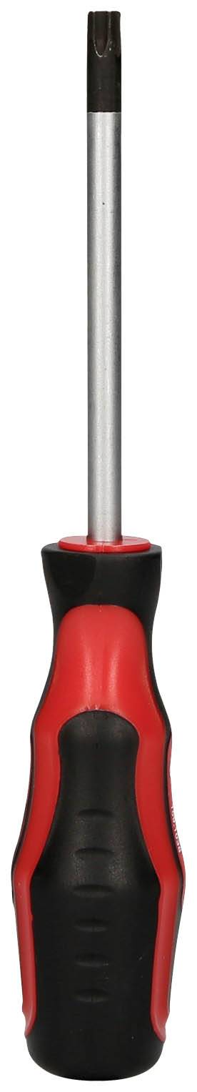 Schraubendreher mit langem Metallstiel und rotem, ergonomischem Griff, geeignet für präzise Arbeiten in Werkstätten oder zuhause.