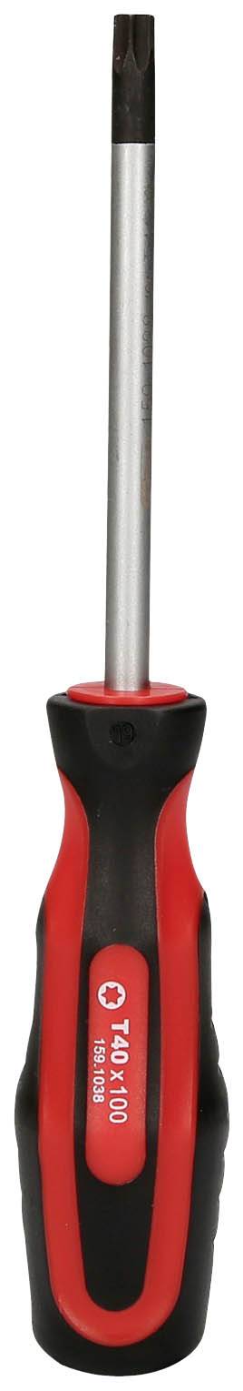 Schraubendreher mit rotem und schwarzem Griff, Torx-Kopf. Geeignet für Arbeiten an Geräten und Elektronik.