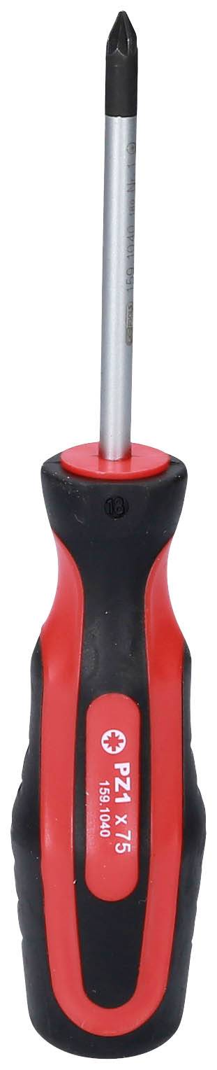 Ein roter und schwarzer Kreuzschlitzschraubendreher mit einem ergonomischen Griff.