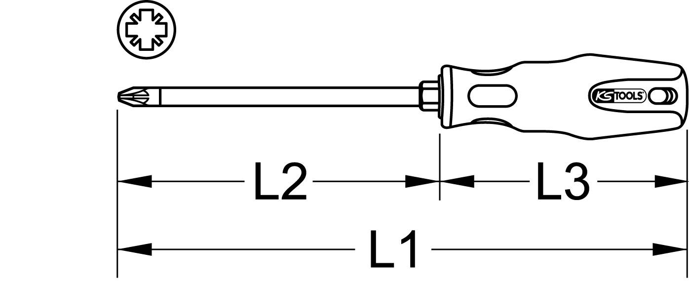 'Skizze eines Schraubendrehers mit markierten Abschnitten L1, L2 und L3. Griff mit Logo 