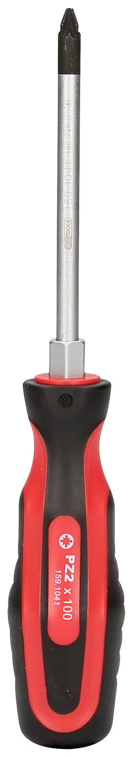 Schraubendreher mit rotem und schwarzem Griff, geeignet für Kreuzschlitzschrauben.
