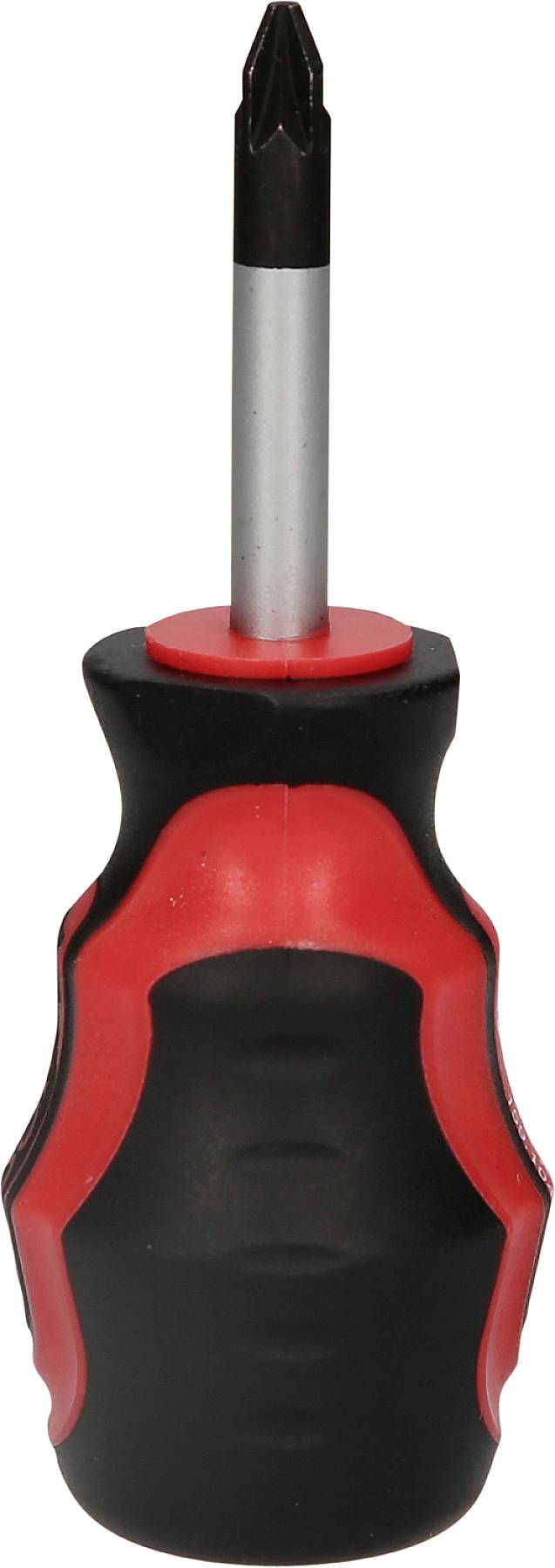 Kreuzschlitz-Schraubendreher mit rotem und schwarzem Griff, aufrecht stehend.