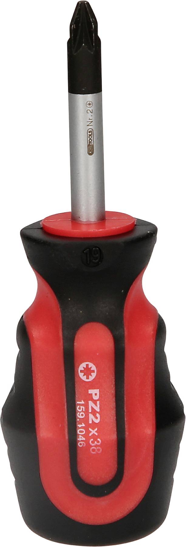 Kreuzschlitzschraubendreher mit rotem und schwarzem Griff, Größe PZ2 x 38mm, aufrecht stehend.