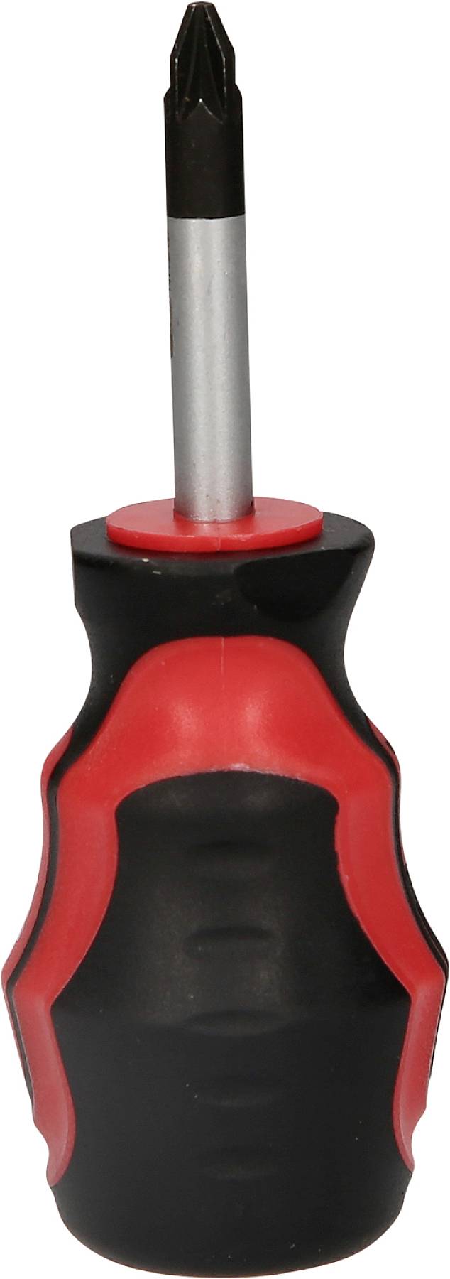 Ein roter und schwarzer Kreuzschlitz-Schraubendreher mit ergonomischem Griff, ausgerichtet mit Spitze nach oben.