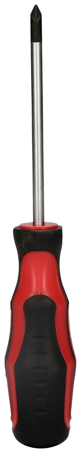 Ein Schraubendreher mit schwarzem und rotem Griff und Kreuzschlitzspitze.