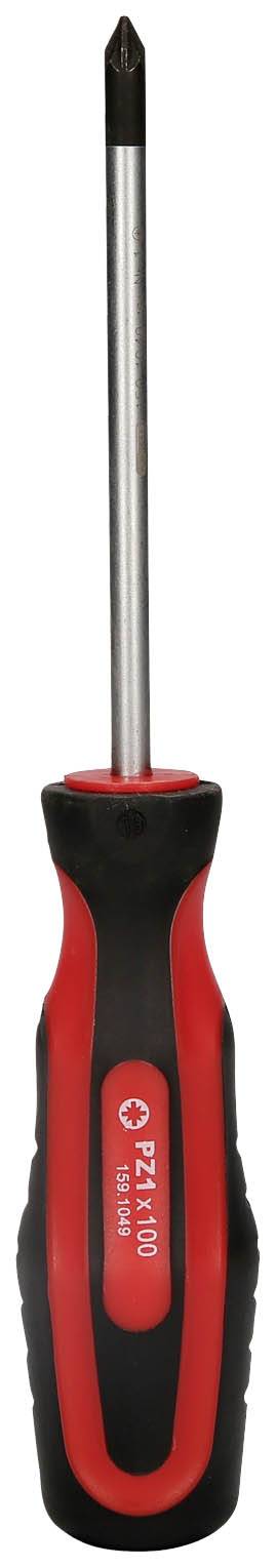 Ein roter und schwarzer Kreuzschlitzschraubendreher mit einem ergonomischen Griff, markiert mit 'PZ 1x100'.