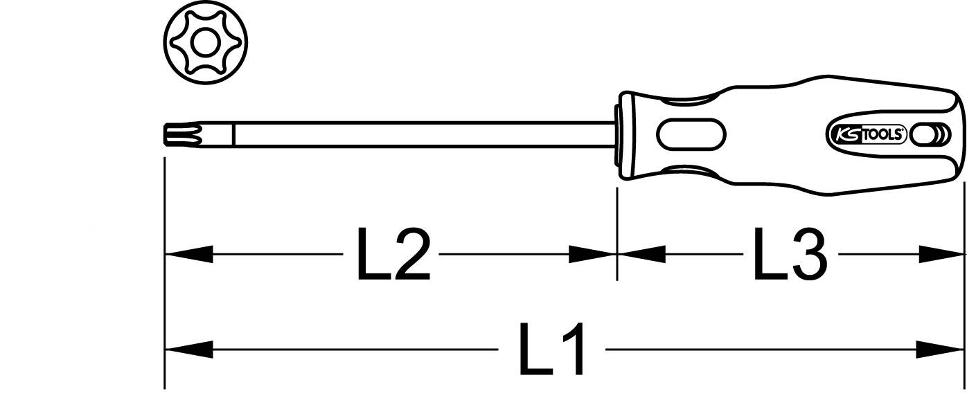 Technische Zeichnung eines Schraubendrehers mit T-Griff. Kennzeichnet Maße L1, L2 und L3, um die Länge der Teile zu spezifizieren.