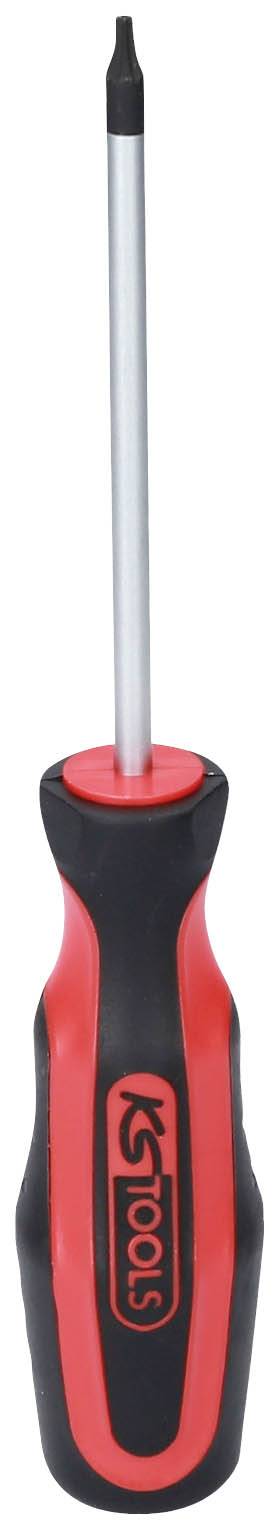 Ein roter und schwarzer Schraubendreher mit ergonomischem Griff und flacher Klinge, geeignet für diverse Heimwerkerarbeiten.