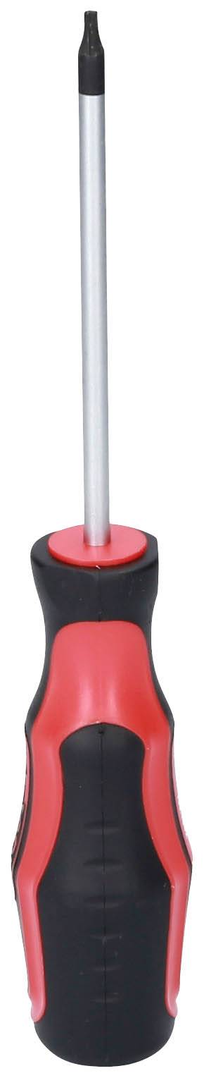 Schraubenzieher mit rotem und schwarzem Griff, geeignet für handwerkliche Arbeiten.