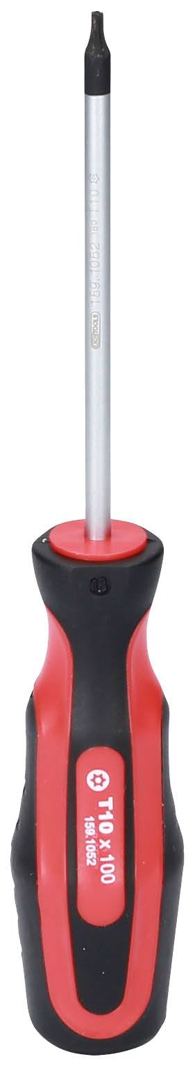 Ein Schraubendreher mit rotem und schwarzem Griff und einem schmalen, langen Schaft aus Metall.