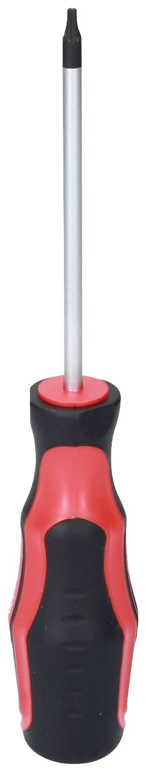Ein Schraubendreher mit schwarzem Griff und roten Akzenten. Der Schaft ist silbern und die Spitze flach, geeignet für Flachkopfschrauben.