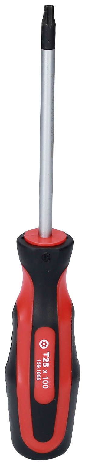 Ein Schraubendreher mit rotem und schwarzem ergonomischem Griff, Torx-Kopf, aufrecht stehend. Geeignet für präzise Arbeiten.
