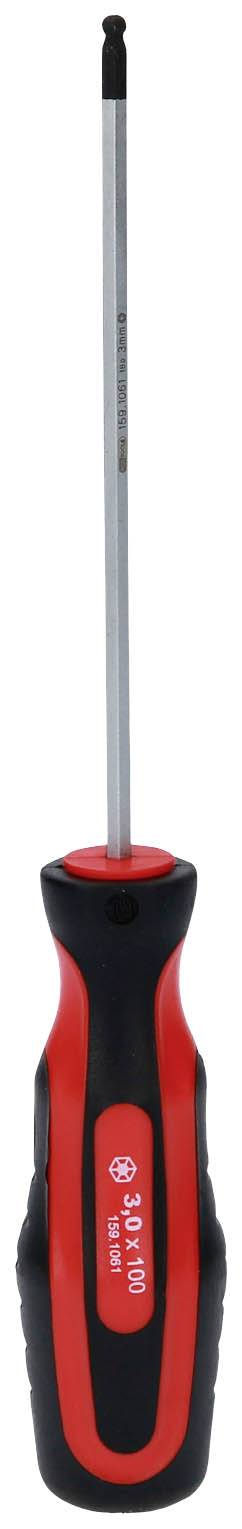 Schraubenzieher mit rotem und schwarzem Griff und einem langen, dünnen Metallstab. Geeignet für Torx-Schrauben.