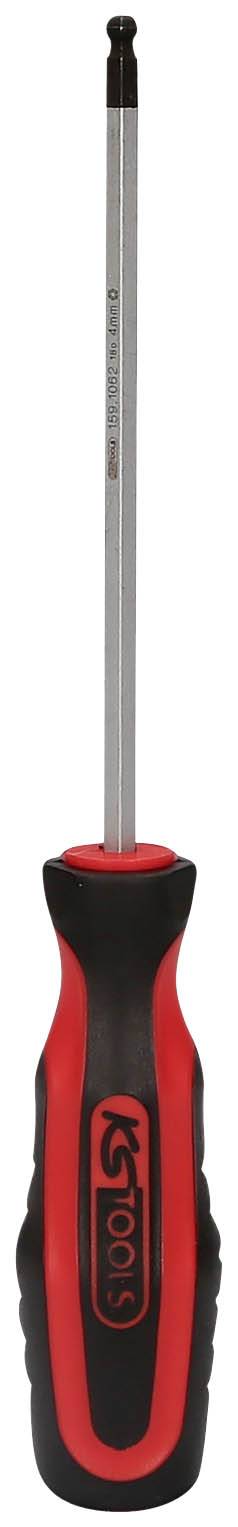 Ein roter und schwarzer Schraubendreher mit ergonomischem Griff und langem Metallkopf, geeignet für allgemeine Schraubarbeiten.