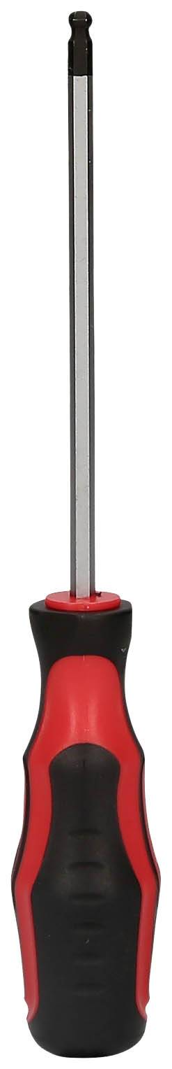 Ein Schraubendreher mit rotem und schwarzem Griff und Metallstange mit rundem Ende.