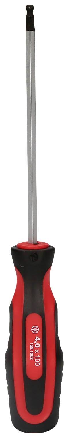 Ein schwarzer und roter Schraubendreher mit einem ergonomischen Griff und einem langen Metallschaft.