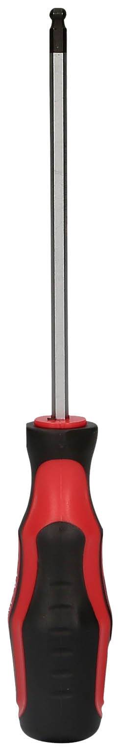 Ein Schraubendreher mit schwarzem und rotem Griff, geeignet für Arbeiten mit Schrauben. Der Griff ist ergonomisch gestaltet.