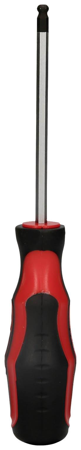 Ein roter und schwarzer Schraubendreher mit ergonomischem Griff zeigt den Kopf nach oben.