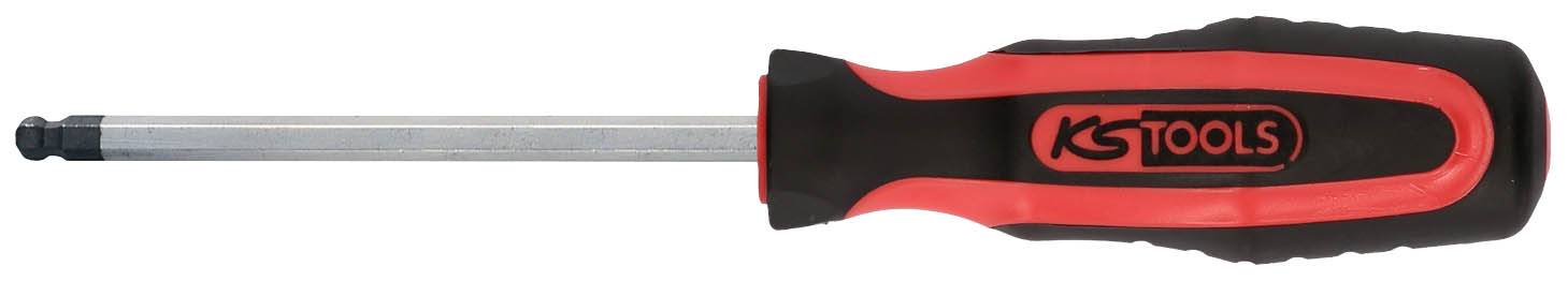 Schraubendreher mit schwarzem Griff und rotem Label, seitlich liegend.