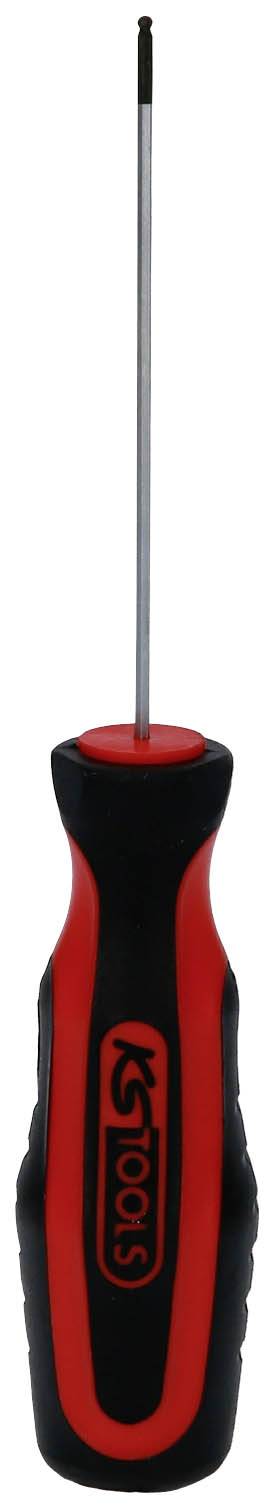 Ein roter und schwarzer Schraubendreher mit ergonomischem Griff und langer, schmaler Spitze, geeignet für präzise Arbeiten.