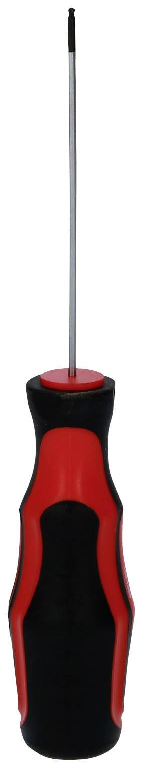 Schraubendreher mit schwarzem Griff und roten Akzenten, gezeigt in aufrechter Position mit sichtbarer Metallklinge.