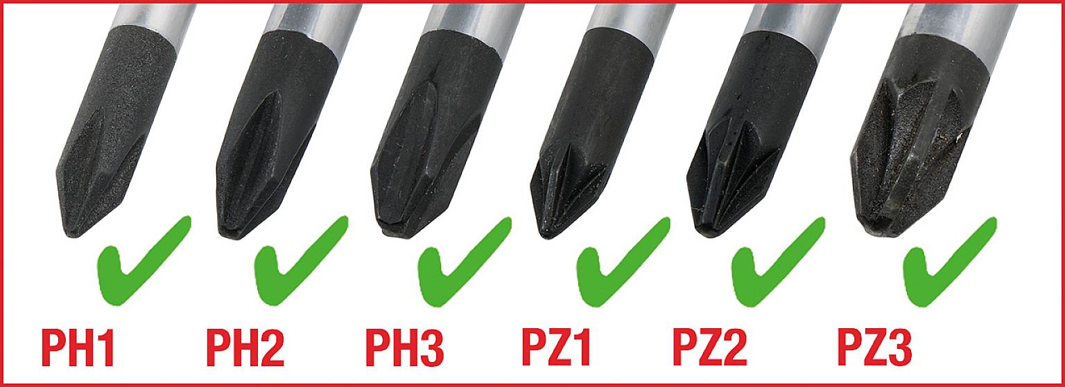 Verschiedene schwarze Schraubendreheraufsätze von PH1 bis PZ3. PH1, PH2, PH3, PZ2 sind mit grünen Häkchen markiert.