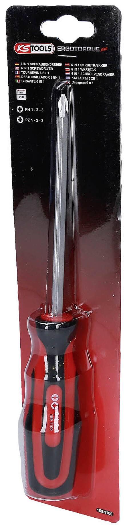 Schraubendreher von KS Tools in Verpackung, ergonomisches Design, Kreuzschlitzkopf, für unterschiedliche Schraubentypen geeignet.