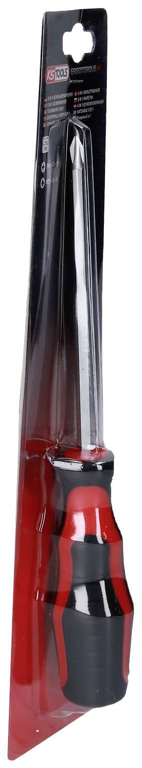 Großer Schraubendreher in roter und schwarzer Verpackung. Geeignet für schwere Aufgaben, mit ergonomischem Griff für besseren Halt.