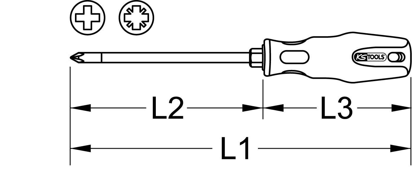 Zeichnung eines Kreuzschlitz-Schraubendrehers mit Griff. Markierungen L1, L2, L3 zeigen verschiedene Längenbereiche des Werkzeugs an.