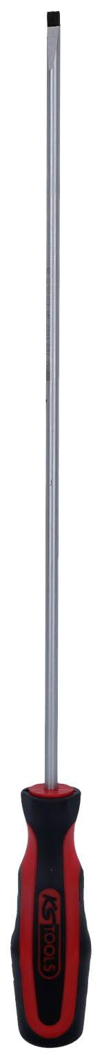 Roter und schwarzer Schraubendreher mit langem, schmalem Schaft und flachem Schlitz, vor weißem Hintergrund.