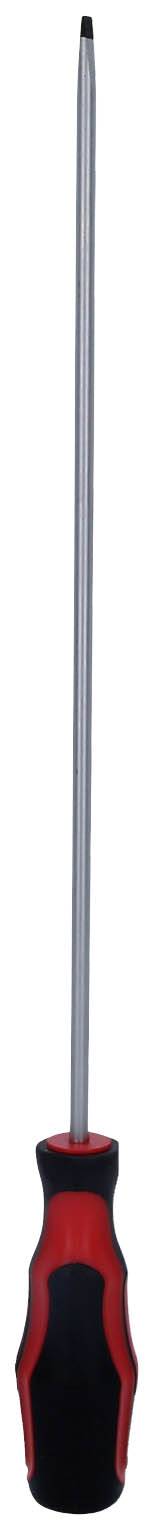 Langer Schraubendreher mit schwarzem und rotem Griff, geeignet für Kreuzschlitzschrauben.