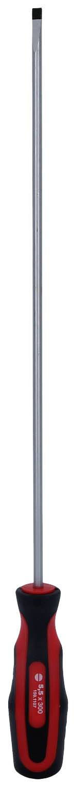 Ein langer Schraubendreher mit rotem Griff und schwarzer Spitze, vertikal dargestellt.
