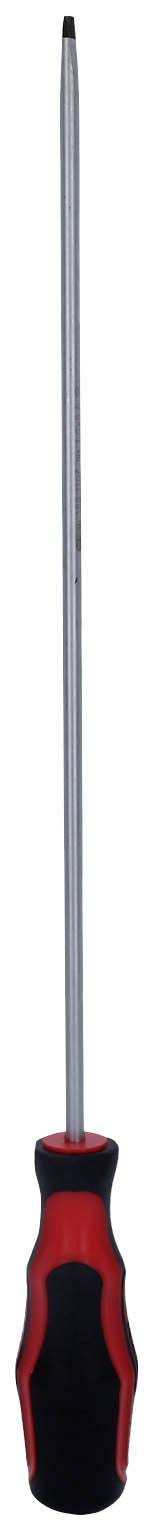 Schraubendreher mit langem Metallschaft und schwarzem, rotem Griff, geeignet für Arbeiten an schwer zugänglichen Stellen.