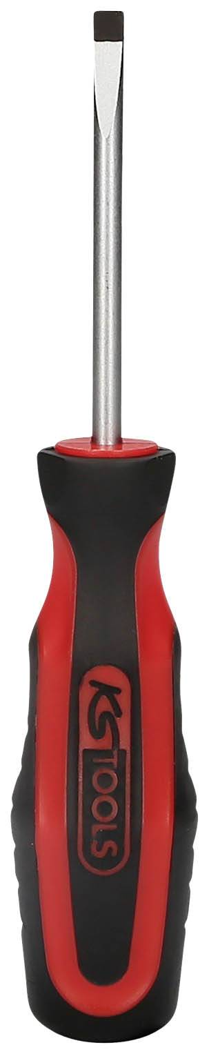 Ein Flachkopfschraubendreher mit rotem und schwarzem Griff. Geeignet für allgemeine Schraubarbeiten.