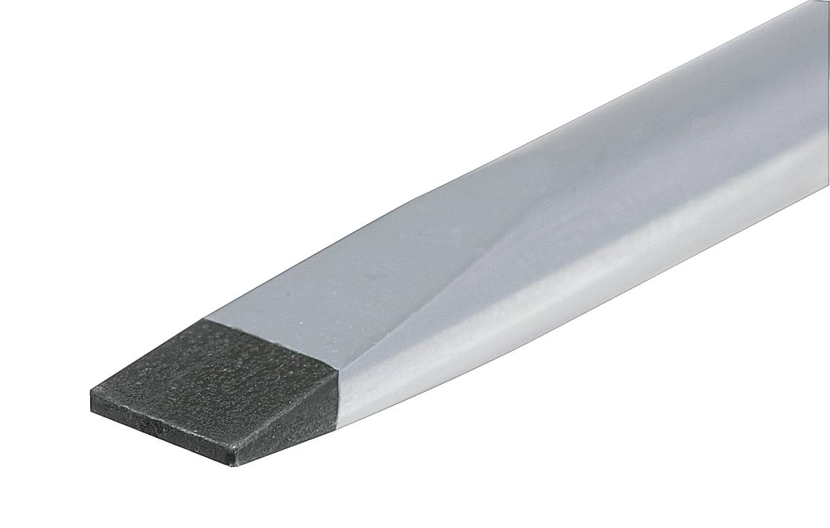 Spitzmeißel mit flacher Spitze, aus grauem Metall. Verwendet zum Schneiden oder Formen von Materialien wie Stein oder Beton.