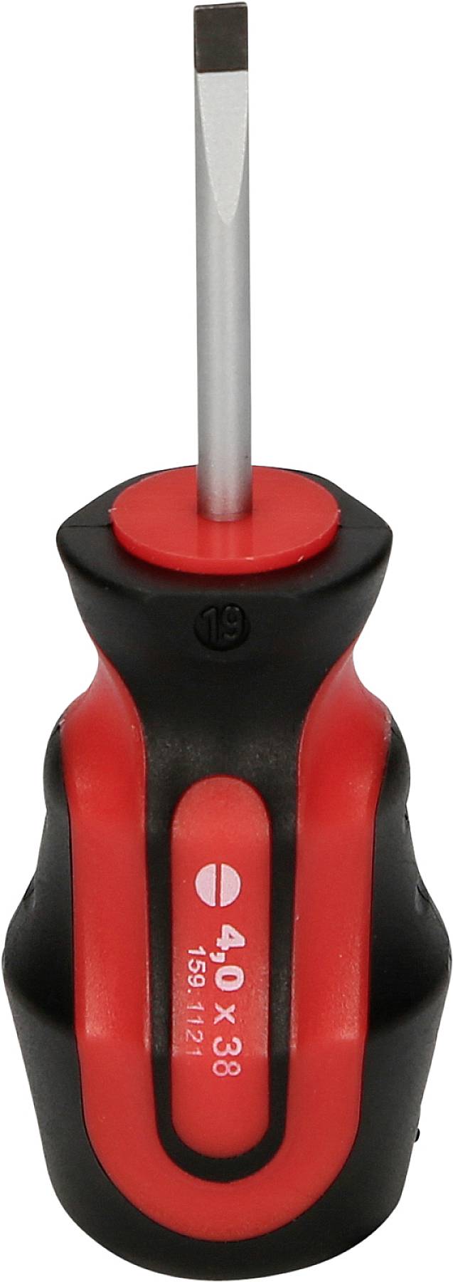 Ein rot-schwarzer Schlitzschraubendreher. Der Griff hat eine ergonomische Form für besseren Halt.
