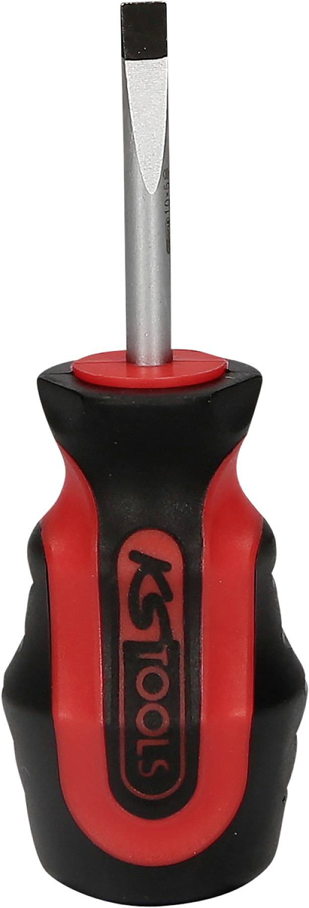 Ein schwarzer und roter Schraubendreher mit flachem Metallkopf und ergonomischem Griff.