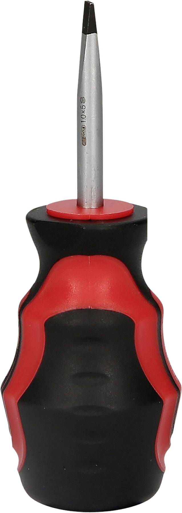 Ein schwarzer und roter Schraubendreher mit ergonomischem Griff und Kreuzschlitzspitze auf weißem Hintergrund.