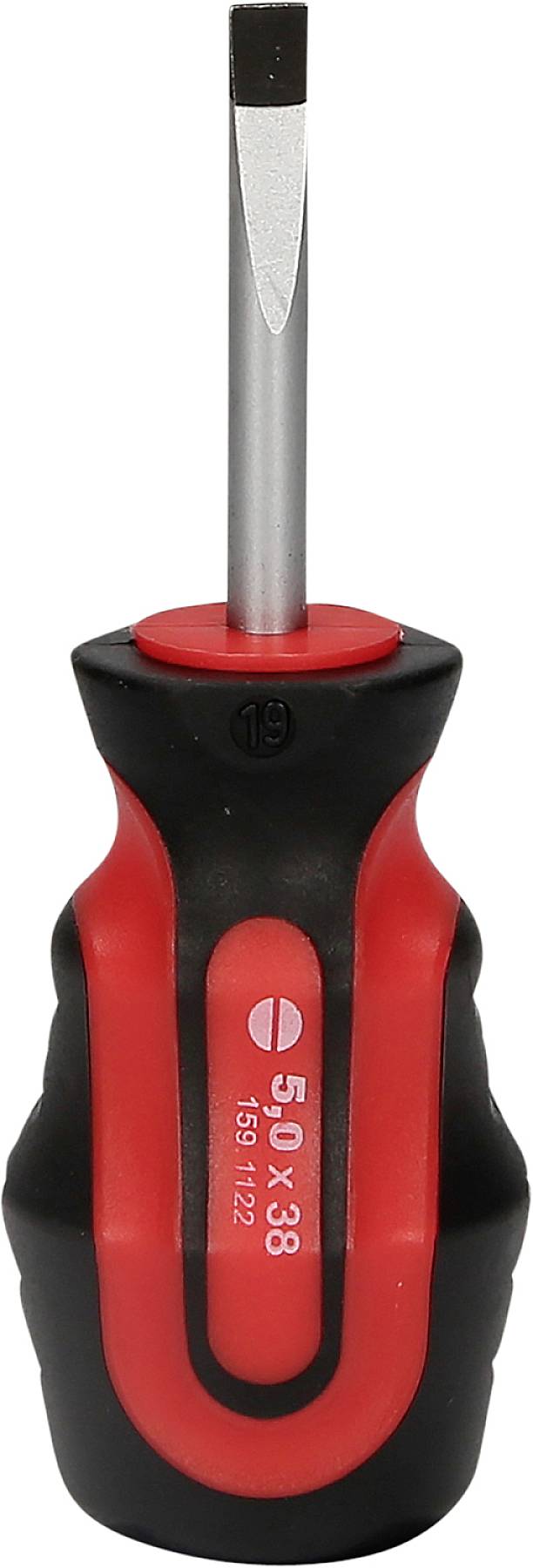 Kreuzschraubendreher mit schwarzem und rotem ergonomischen Griff, aufrecht stehend, Größe 5.0 x 38 mm.