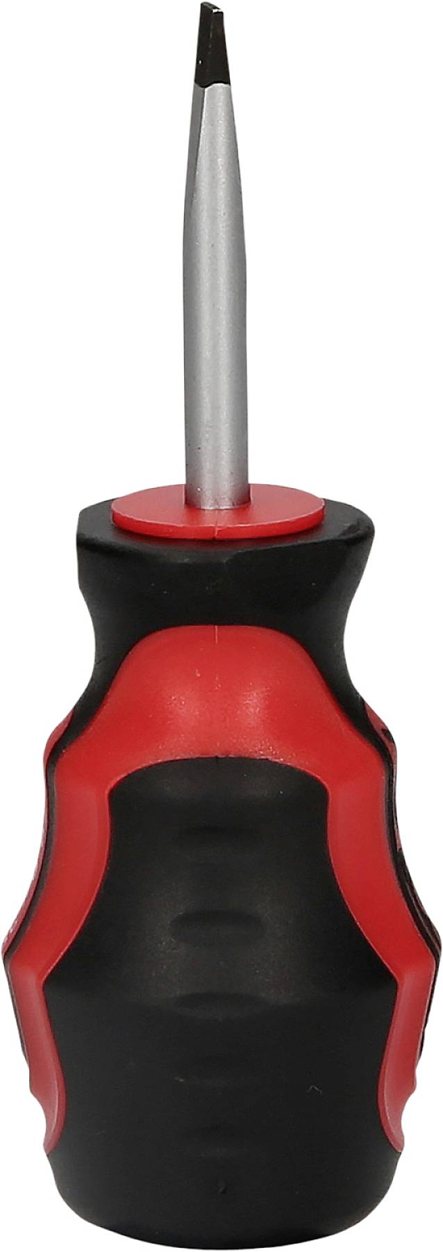 Ein schwarzer und roter Schraubendreher mit flachem Kopf, aufrecht stehend.