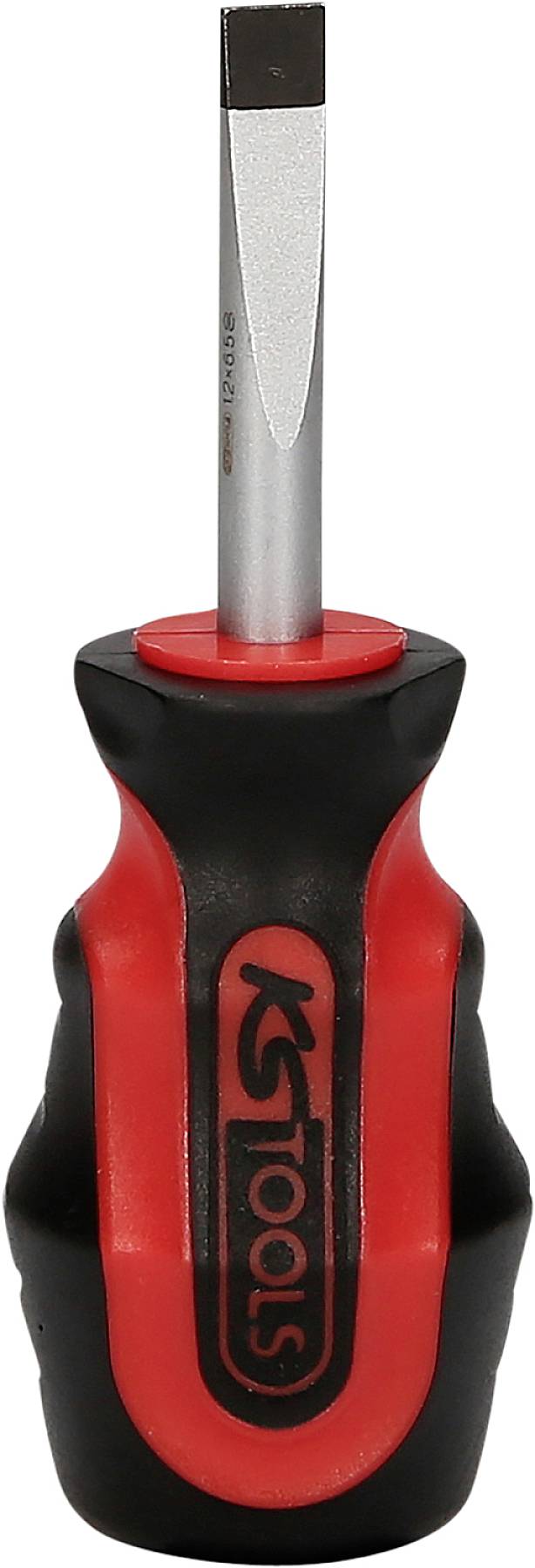 Ein roter Schraubendreher mit schwarzem Griff und flacher Spitze, verwendet zum Lösen oder Festziehen von Schrauben.