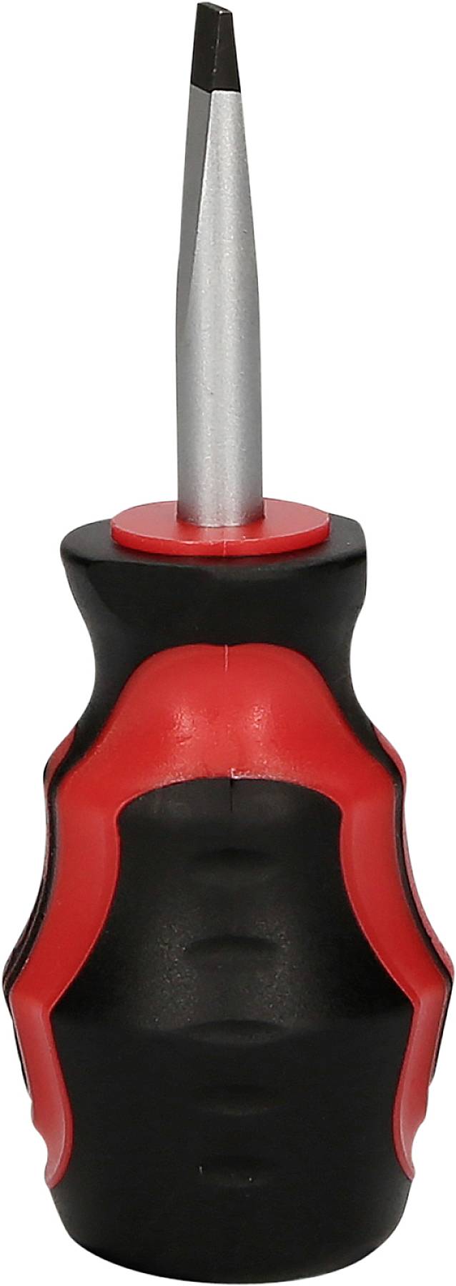 Ein schwarzer und roter Schraubendreher mit flachem Schlitz. Der Griff ist ergonomisch geformt für einen besseren Halt.