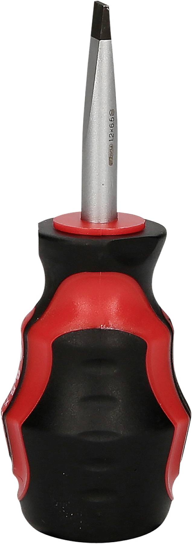 Schraubendreher mit schwarz-rotem Griff und flachem Schraubenkopf.