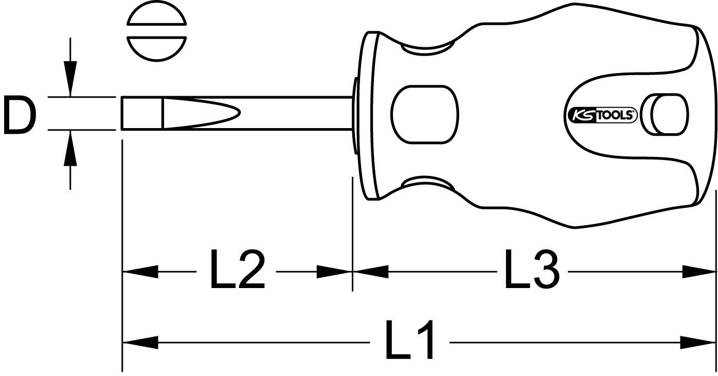 Illustration eines Schlitzschraubenziehers mit Beschriftungen: Gesamtlänge (L1), Klingenspitze (D), Klinge (L2), Griff (L3).