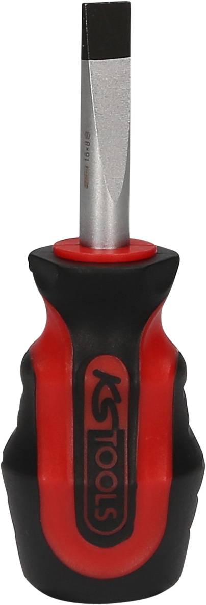 Ein roter und schwarzer Schraubendreher mit flachem Kopf und ergonomischem Griff, geeignet für allgemeine Handwerksarbeiten.