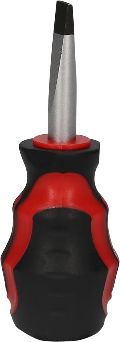 Ein schwarz-roter Schraubenzieher mit ergonomischem Griff, geeignet für Schlitzschrauben. Hauptwerkzeug für Handwerkerarbeiten.