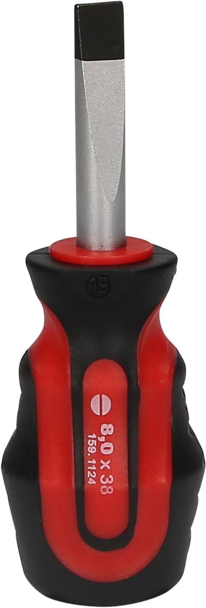 Ein flacher Schraubendreher mit ergonomischem, schwarz-rotem Griff. Auf dem Griff steht '8.0 x 38'. Geeignet für breite Schrauben.