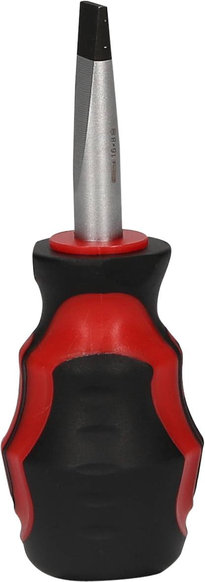 Schraubendreher mit rotem und schwarzem Griff, flache Klinge.